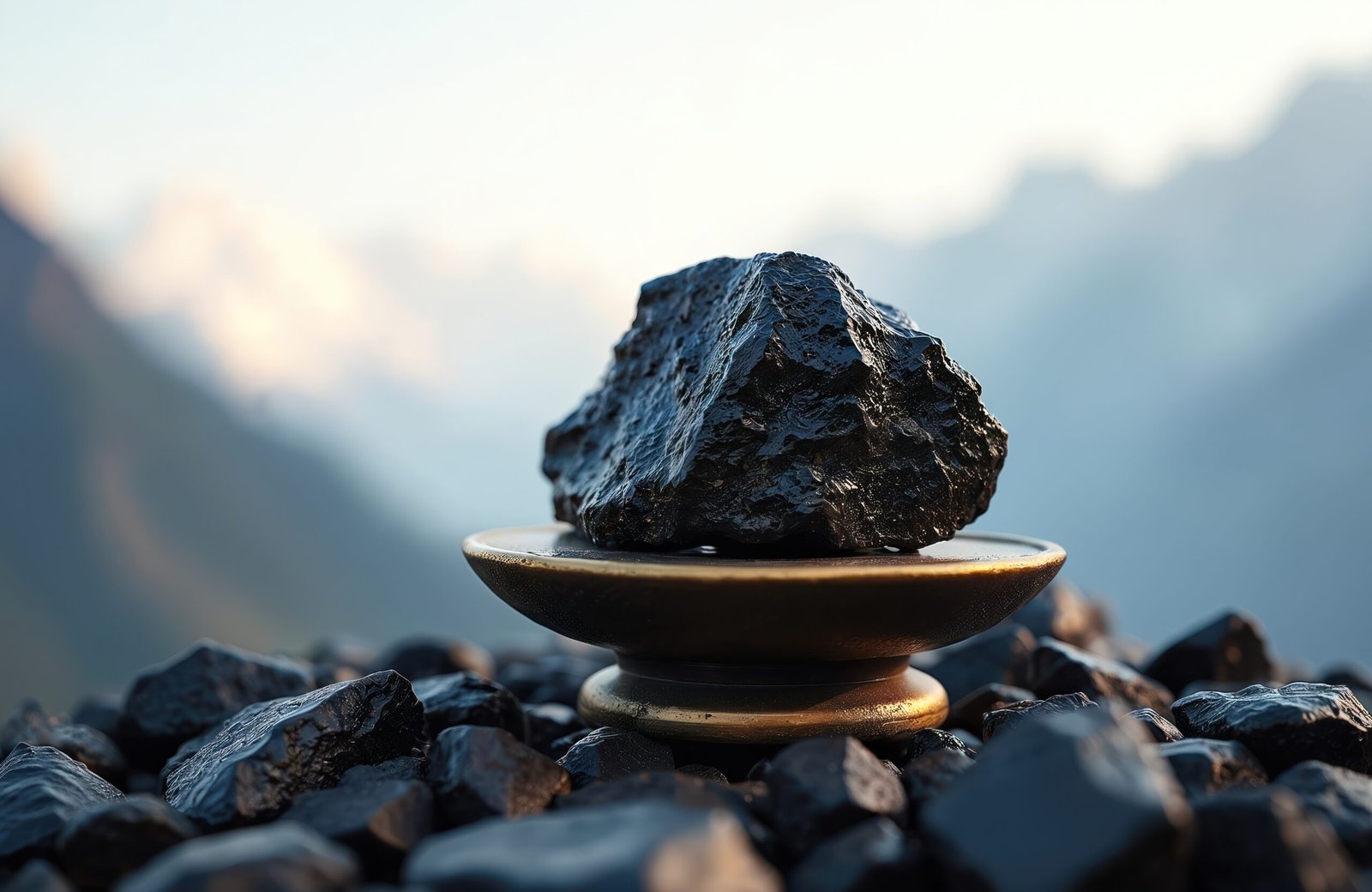 Shilajit resin lump on antique pedestal surrounded by coal. Ayurvedic medicine from mountains. Natural substance for health and wellness. Alternative medicine ingredient.