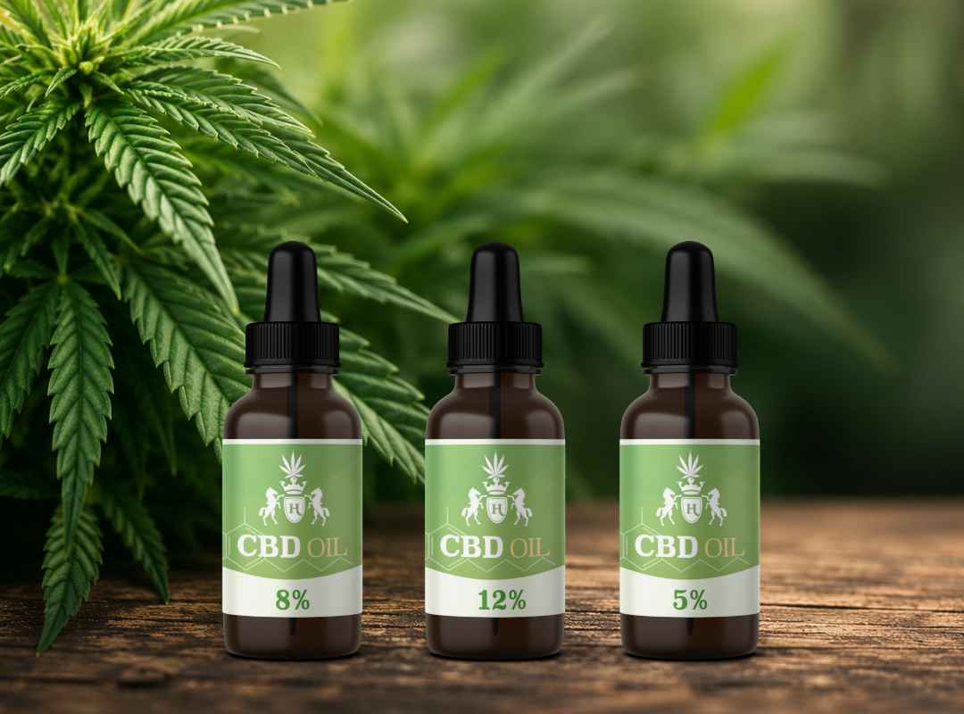 Een stijlvolle social media afbeelding van Terra Vigora over CBD olie. Op de achtergrond zijn groene cannabisbladeren zichtbaar met een zachte wazige afloop naar rechts en een houten ondergrond. Onderaan staan drie CBD olie flesjes met groene etiketten in verschillende sterktes (8%, 12% en 5%).