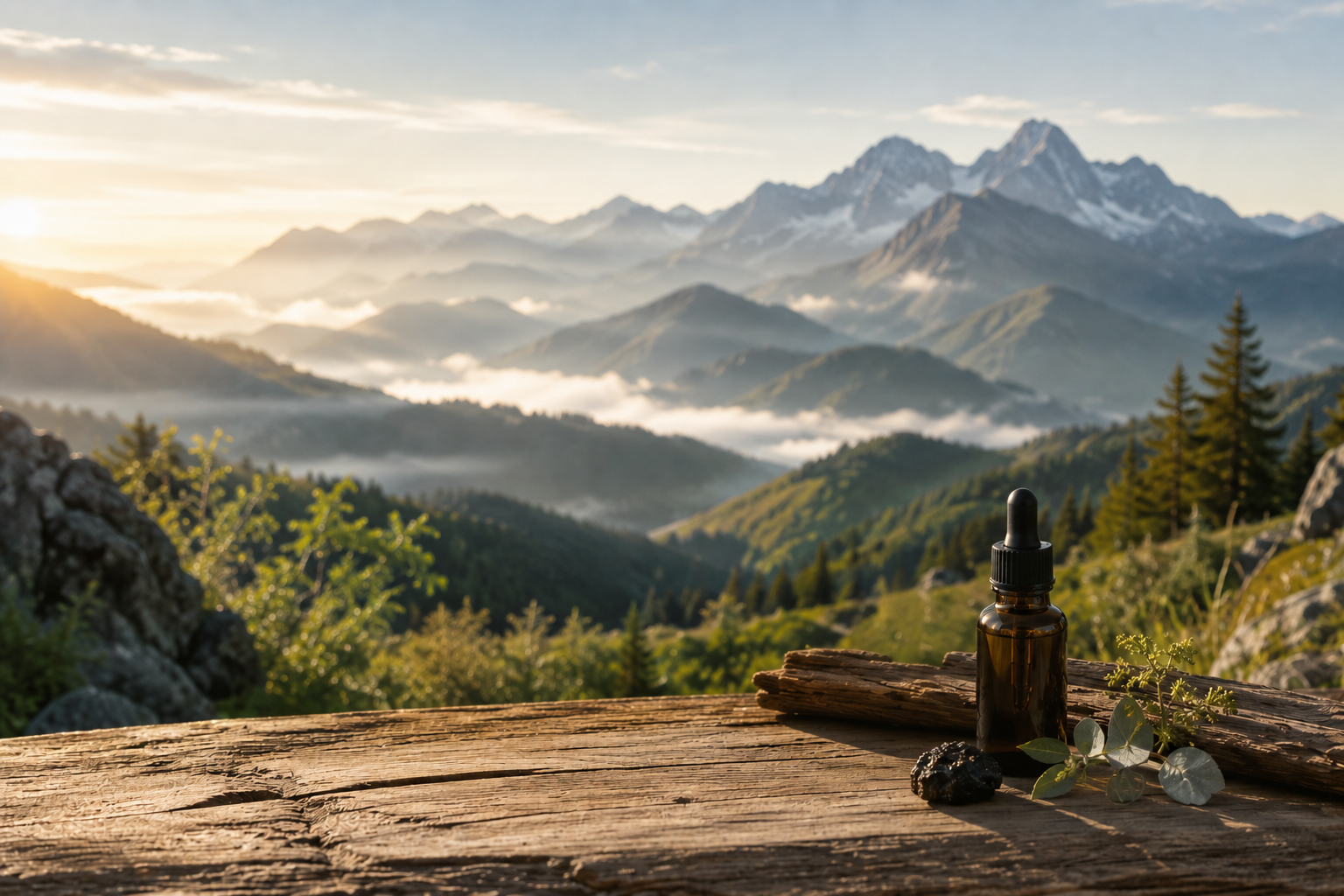 Berglandschap bij zonsopkomst met een glazen pipetflesje, natuurlijke planten en Shilajit op een houten ondergrond. Sfeervolle afbeelding over natuurlijke supplementen, bewust leven en de oorsprong van Terra Vigora.
