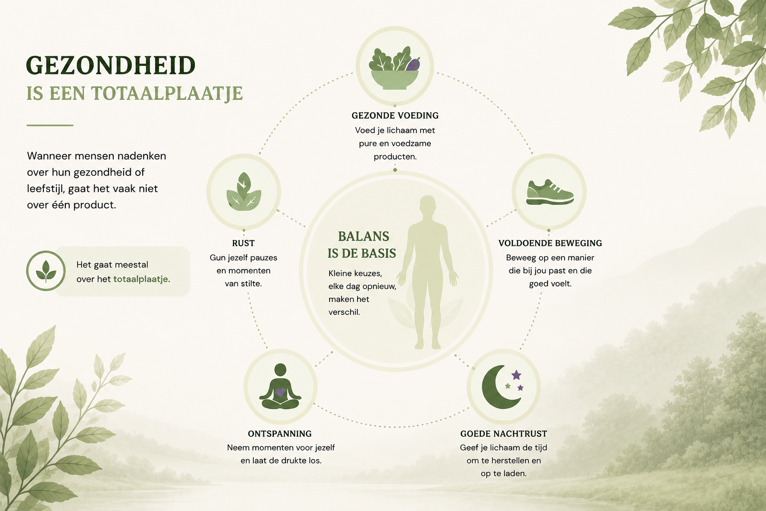 Infographic over gezondheid als totaalplaatje, met vijf onderdelen: gezonde voeding, voldoende beweging, goede nachtrust, ontspanning en rust. In het midden staat ‘Balans is de basis’. Onderdeel van een blogartikel van Terra Vigora over het endocannabinoïde systeem en een bewuste leefstijl.