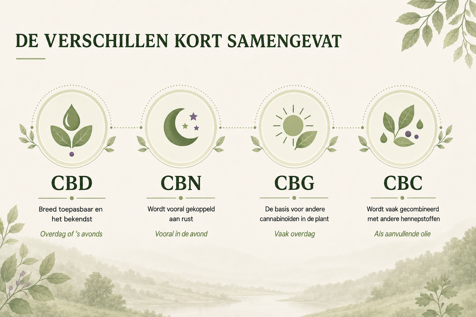 Infographic van Terra Vigora met een overzicht van de verschillen tussen CBD-, CBN-, CBG- en CBC-olie en de momenten waarop deze vaak worden gebruikt.